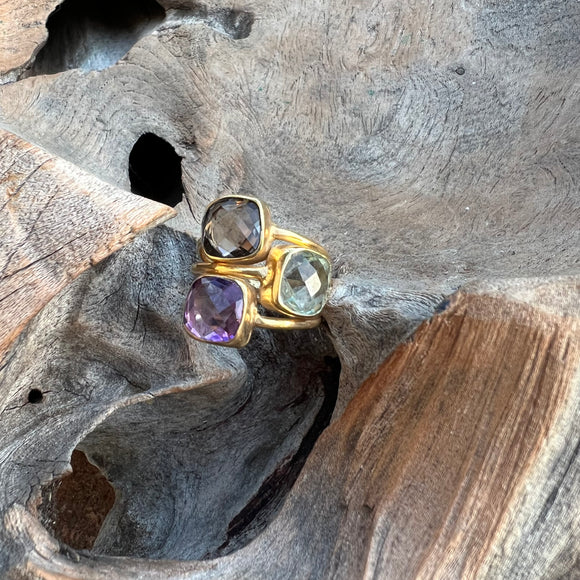 Silver - Smokey Quartz , Amethyst and Citrine Ring in Gold