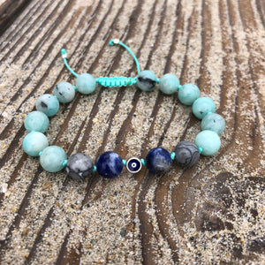 Amazonite, Picasso Jasper & Sodalite 8mm Adjustable Beaded Bracelet with Eye of Protection with Silver Accents