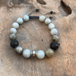 Lava & Labradorite and Aquamarine Adjustable Beaded Bracelet