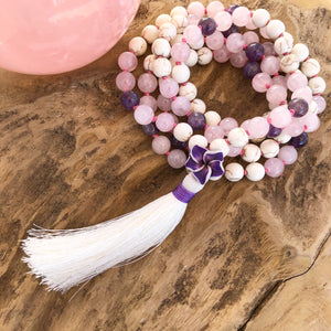 Rose Quartz, White Turquoise & Amethyst Mala with Plumeria Guru Bead