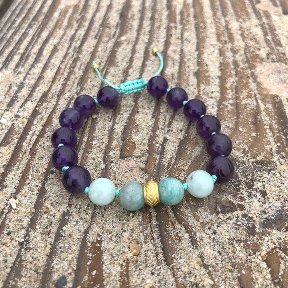 Amethyst & Amazonite 8mm Adjustable Beaded Bracelet with Gold Accents
