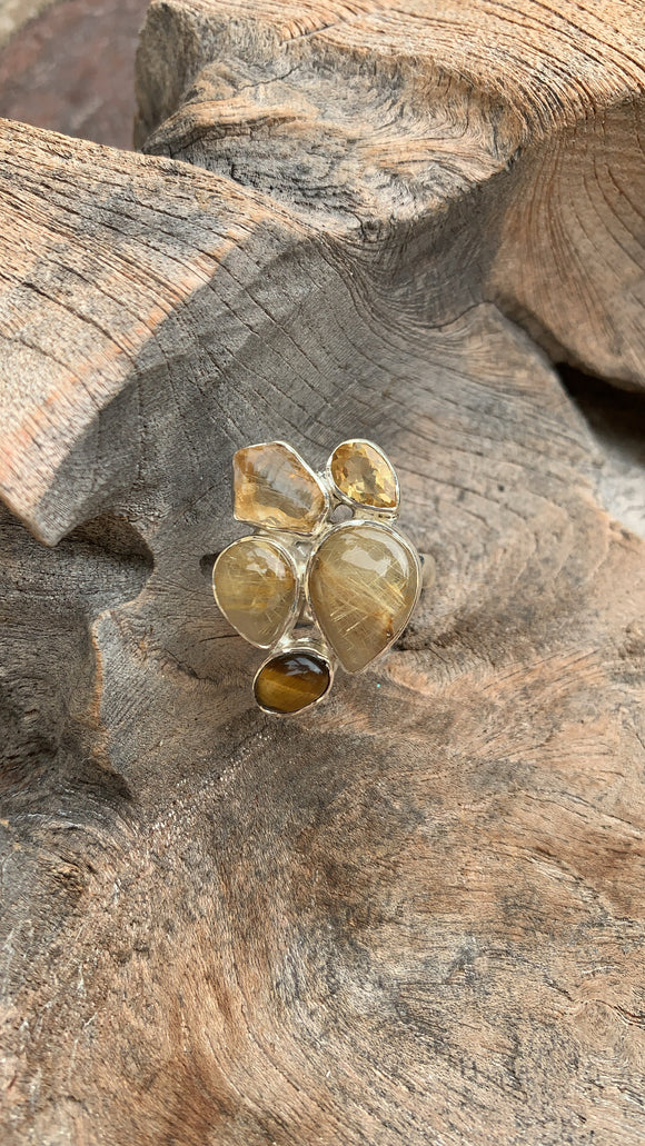 Silver - Rutilated Quartz , Citrine and Tiger's Eye Ring