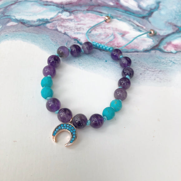 Amethyst & Turquoise 8mm Adjustable Beaded Bracelet with Gold Turquoise Crescent Moon and Gold Accents