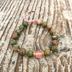 Unakite & Strawberry Quartz 8mm Adjustable Beaded Bracelet with Gold Accents