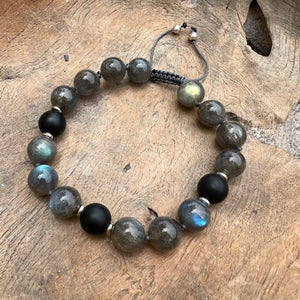 Matte Black Onyx & Labradorite Adjustable Beaded Bracelet