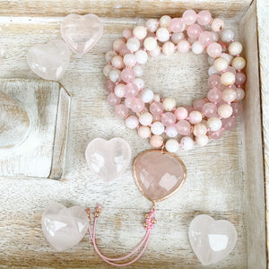 Pink Opal and Rose Quartz Mala with a Heart Shape Rose Quartz Guru Bead