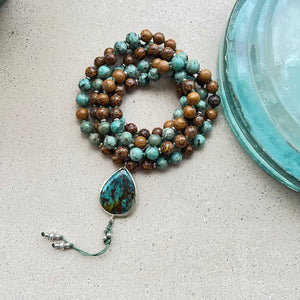 African Turquoise and Elephant Skin Jasper Mala with Persian Turquoise Guru Bead