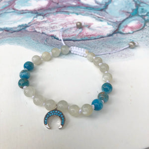 Moonstone & Blue Apatite 8mm Adjustable Beaded Bracelet with Silver and Turquoise Crescent Moon  