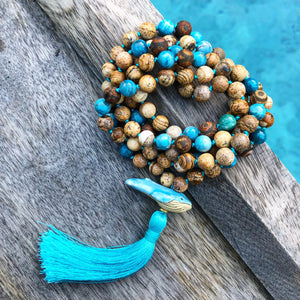 Apatite, Picture Jasper & Tibetan Agate Mala with Whale Guru Bead