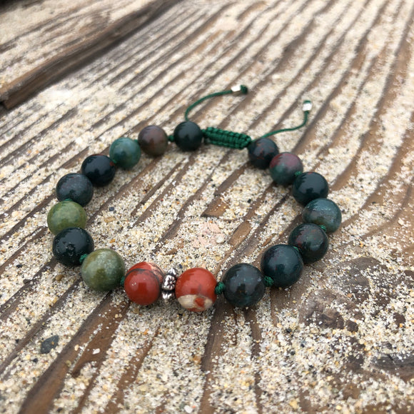 Bloodstone & Red Jasper 8mm Adjustable Beaded Bracelet with Silver Accents