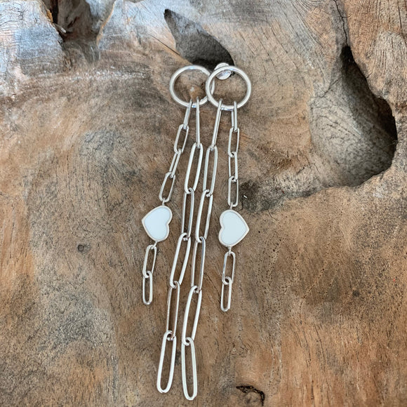 Silver - Paperclip White Heart Earrings