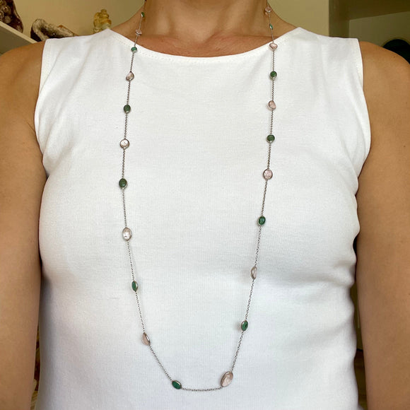 Silver- Rose Quartz and Emerald Sterling Silver Necklace