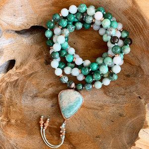 Chrysocolla and Burma Jade Mala with Amazonite Guru Bead