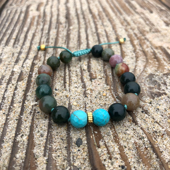 Indian Agate & Faceted Turquoise 8mm Adjustable Beaded Bracelet with Gold Accents