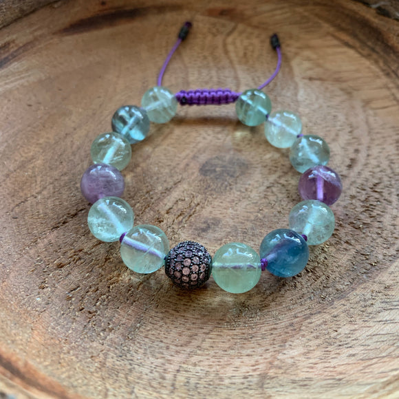 Fluorite Adjustable 10mm Beaded Bracelet with Pink Crystal Accent Bead