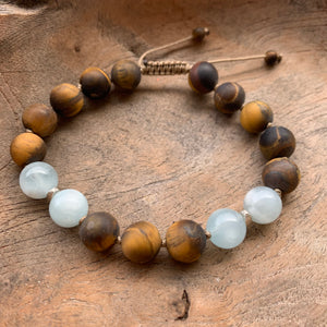 Matte Tiger’s Eye & Aquamarine Adjustable Beaded Bracelet