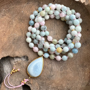 Morganite and Amazonite Mala with Chalcedony Guru Bead