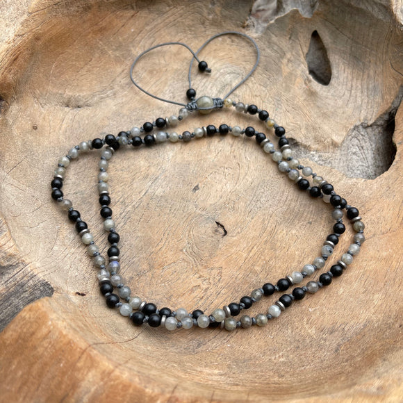 Hematite, Matte Black Onyx and Labradorite Adjustable Mala with Labradorite Guru bead