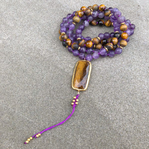 Amethyst & Tiger’s Eye Mala with Tiger’s Eye Guru Bead