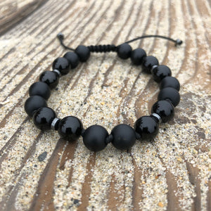 Matte and Polished Black Onyx 8mm Adjustable Beaded Bracelet with Hematite Spacers