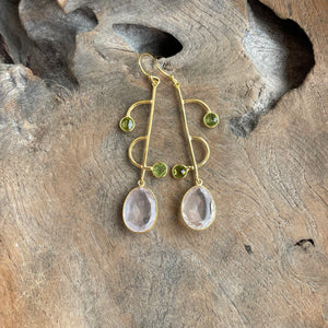 Silver - Peridot, Rose Quartz Earrings