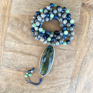 Labradorite, Blue Kynite and Jade Mala One Of a Kind with Labradorite Guru Bead