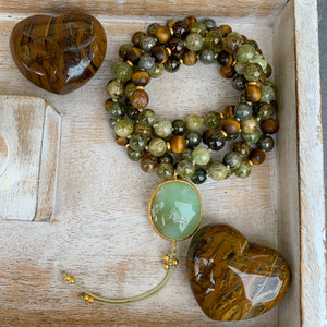 Green Garnet, Tiger’s Eye & Pyrite Mala with Chrysoprase Guru Bead