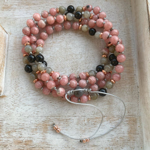 Rhodochrosite, Labradorite and Black Tourmaline Adjustable Mala 6mm