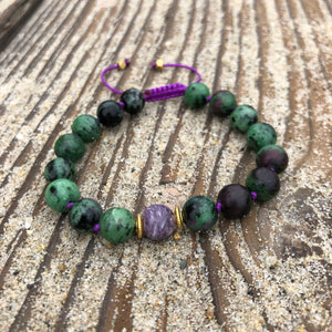 Charoite & Ruby Zoisite 8mm Adjustable Beaded Bracelet with Gold Accents