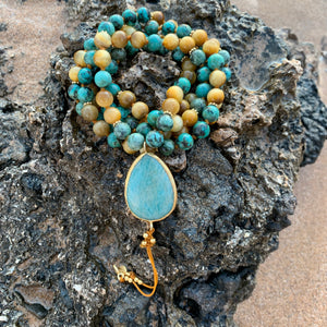 African Turquoise and Golden Tiger's eye Mala with Amazonite Guru Bead