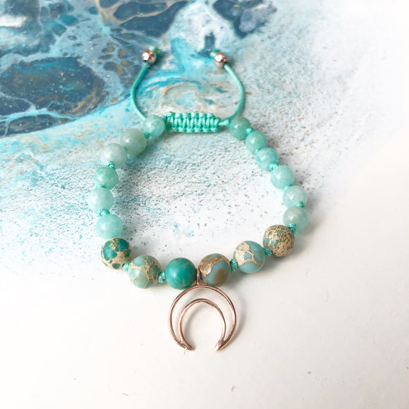 Amazonite & Sea Sediment Jasper 8mm Adjustable Beaded Bracelet with Crescent Moon Available with Gold, Rose Gold or Silver Accents and in Children's Size