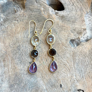 Silver - Smokey Quartz, Green Amethyst and Amethyst Earrings