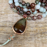 Kashgar Garnet and Burma Jade Mala with Chlorite Quartz Guru Bead