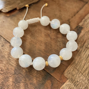 Moonstone 10mm Adjustable Beaded Bracelet with Gold Accents