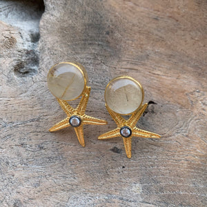 Silver - Rutilated Quartz Starfish Earrings in Gold