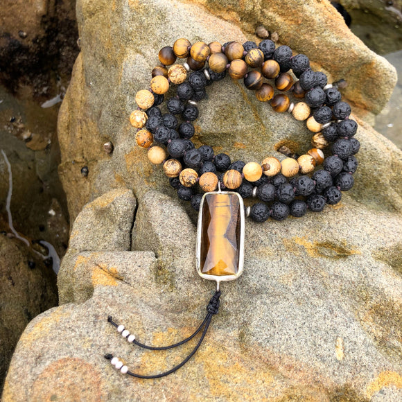 Lava, Tiger’s Eye & Picture Jasper Mala with Tiger’s Eye Guru Bead