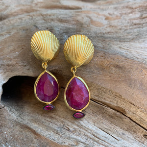 Silver - Pink Tourmaline Shell Earrings in Gold