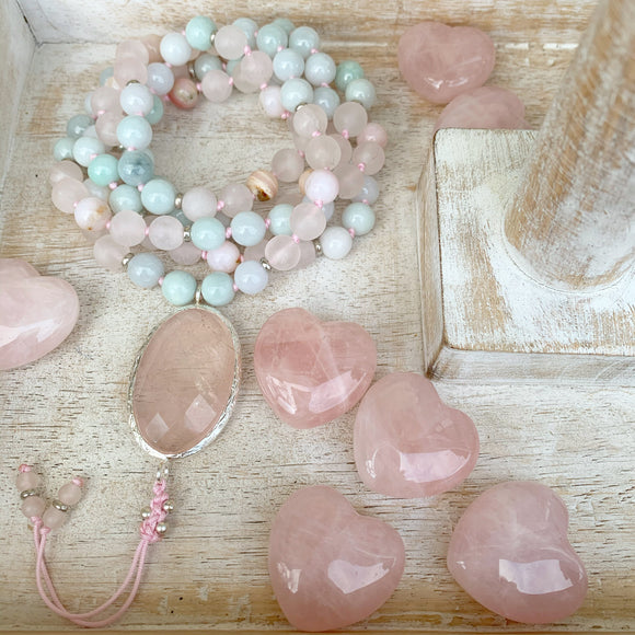 Pink Opal, Burma Jade and Rose Quartz Mala with Rose Quartz Guru Bead