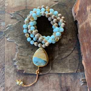 AgarWood , Angelite and Citrine Mala with Polychrome Jasper Guru Bead