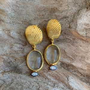 Silver - Rutilated Quartz Shell Earrings in Gold