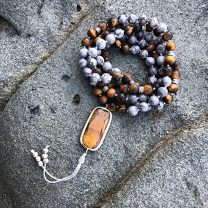 Matte Tiger’s Eye & Picasso Jasper Mala with Tiger’s Eye Guru Bead