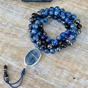 Aquamarine and Blue Kynite One of a Kind Mala with Pietersite Guru Bead