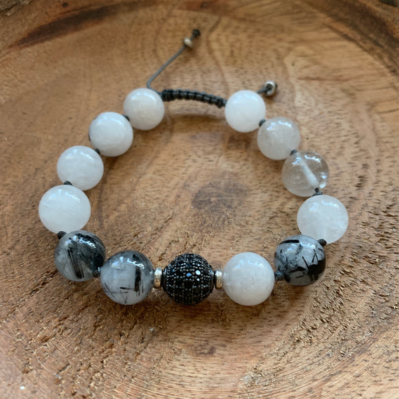 Tourmalinated Quartz 10mm Adjustable Beaded Bracelet with Silver Accents
