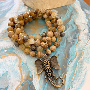 Picture Jasper, Citrine & Pyrite Mala with Ganesha Guru Bead