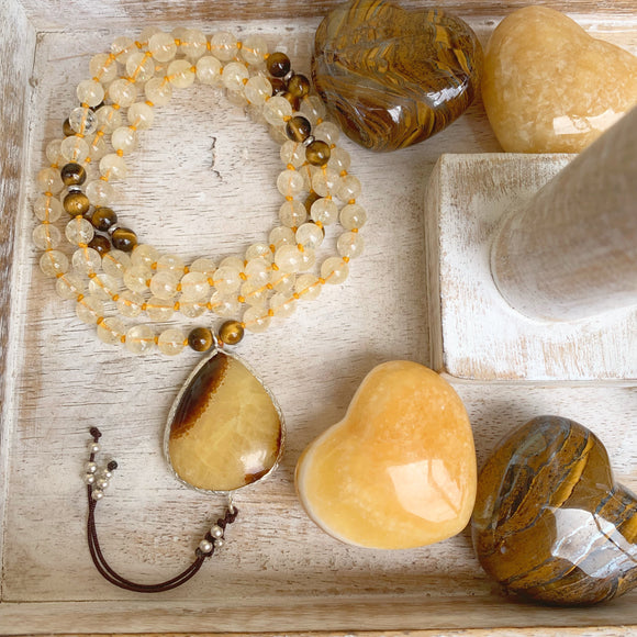 Citrine and Tiger’s Eye One of a Kind Mala with Septarian Guru Bead