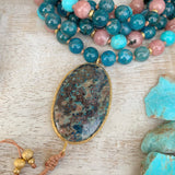 Apatite, Rhodochrosite and Turquoise Mala with Chrysocolla Guru Bead