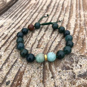 Bloodstone & Amazonite 8mm Adjustable Beaded Bracelet with Gold Accents