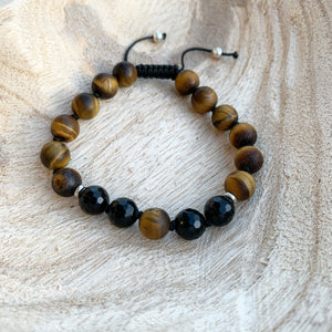 Black Onyx & Matte Tiger’s Eye Adjustable Beaded Bracelet