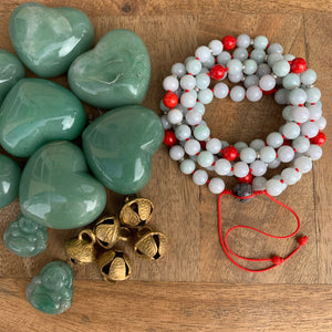 Jadeite and Mediterranean Coral Adjustable Mala with Tourmalinated Quartz Guru Bead