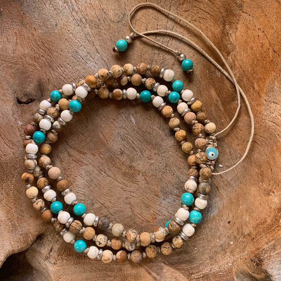 Picture Jasper, White Turquoise and Turquoise Adjustable Mala with Eye of protection Guru Bead